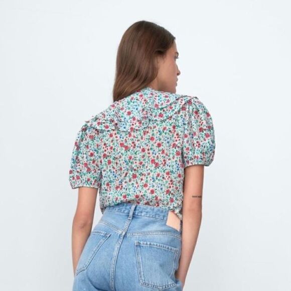 ZARA FLORAL CRINKLE CHIFFON FABRIC RUFFLES ROMANTIC TOP BLOUSE - Picture 2 of 6
